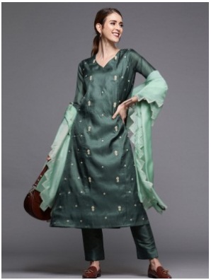 Women Teal Green Embroidered Silk Blend Kurta with Trousers & Dupatta